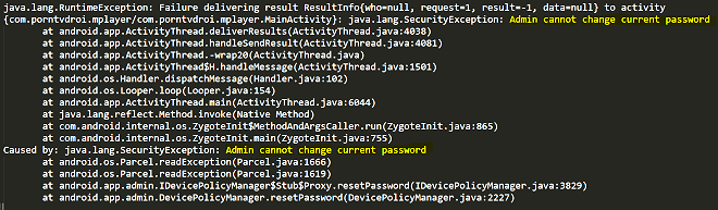 A runtime error message when “resetPassword()” is invoked in a device running Android Nougat