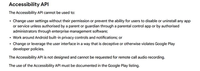 Google prohibits apps from using the Accessibility API for call recording