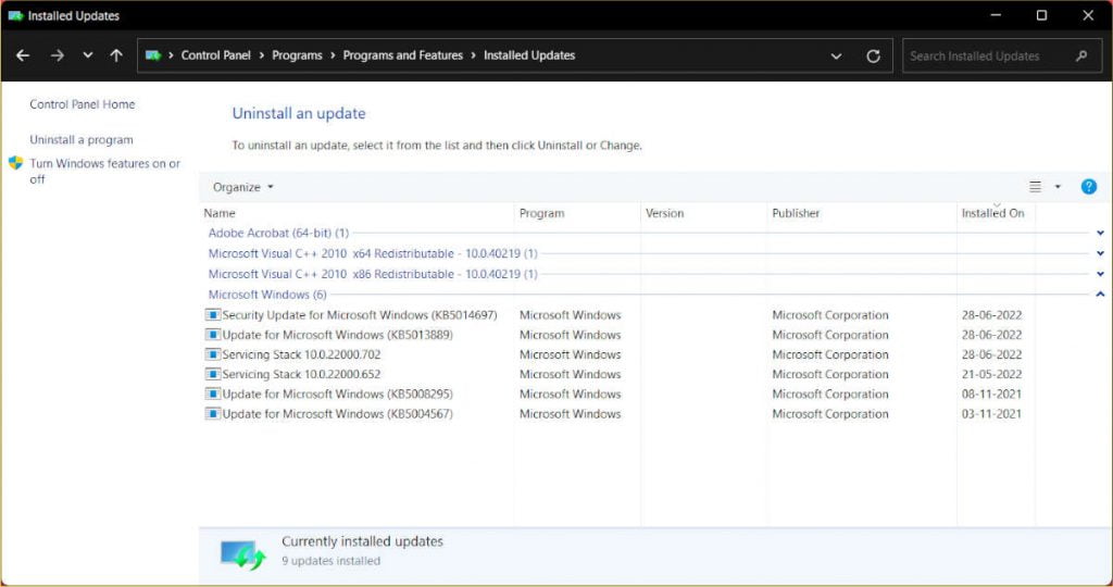 Uninstall Windows updates from Control Panel